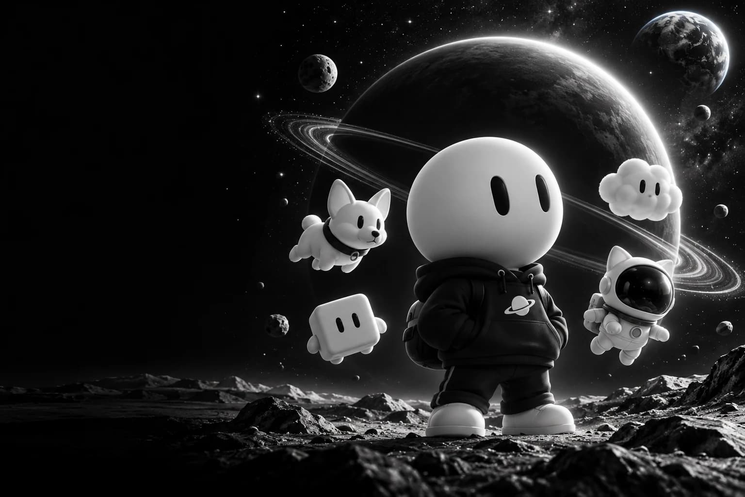 White Grok mascots exploring a moon beneath glowing planetary rings